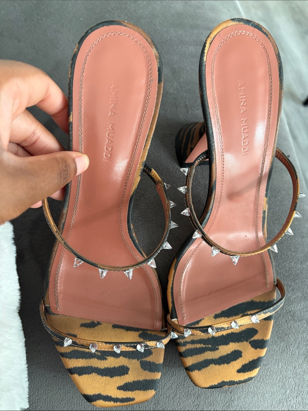 Amina Muaddi Karma Mini Spikes Tiger Print Sandal (some spikes missing) 38.5 - Picture 7 of 10